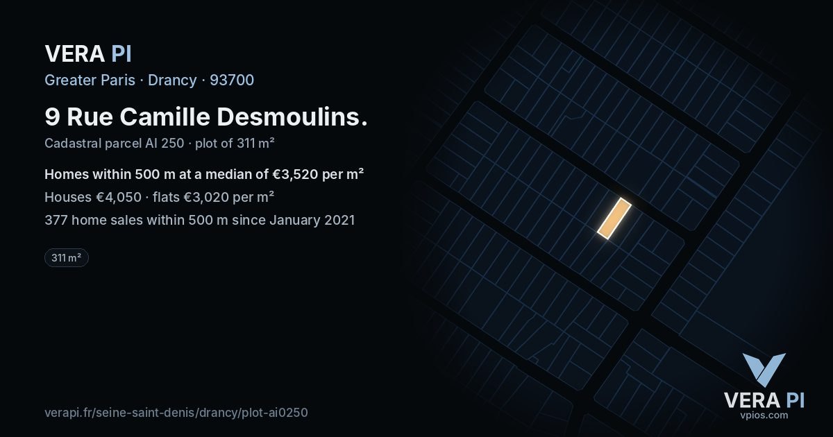 9 Rue Camille Desmoulins, Drancy at night – the plot lit, the parcels around coloured by the prices near them