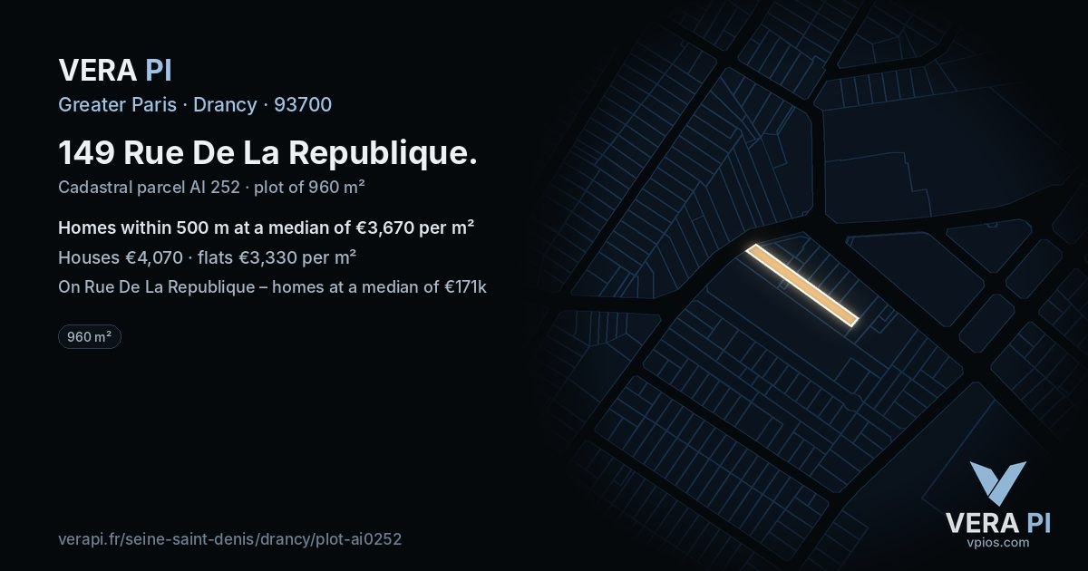 149 Rue De La Republique, Drancy at night – the plot lit, the parcels around coloured by the prices near them