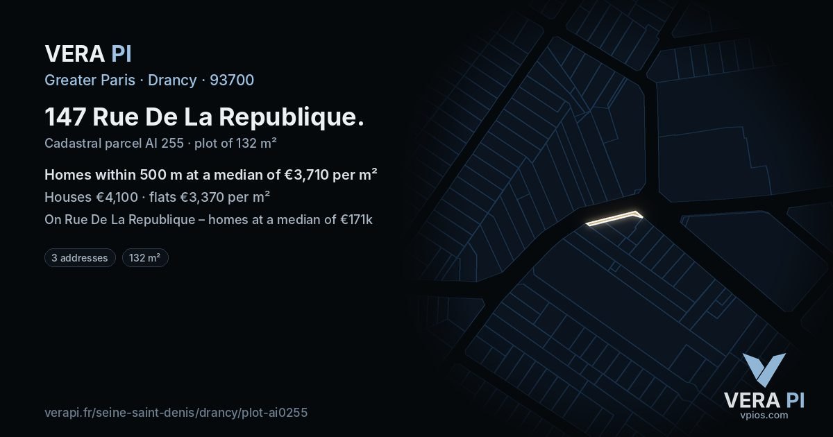 147 Rue De La Republique, Drancy at night – the plot lit, the parcels around coloured by the prices near them