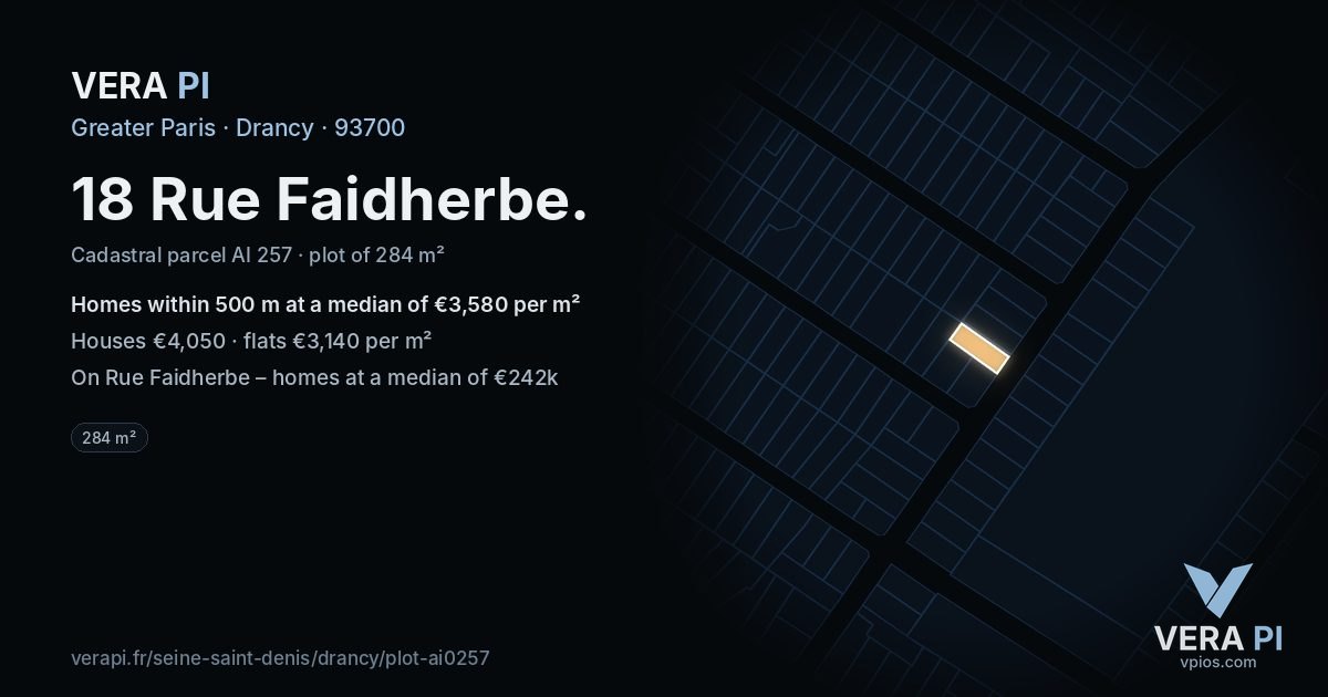 18 Rue Faidherbe, Drancy at night – the plot lit, the parcels around coloured by the prices near them