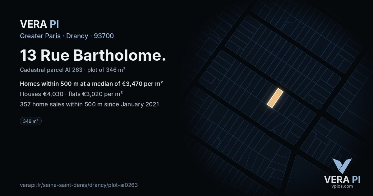13 Rue Bartholome, Drancy at night – the plot lit, the parcels around coloured by the prices near them