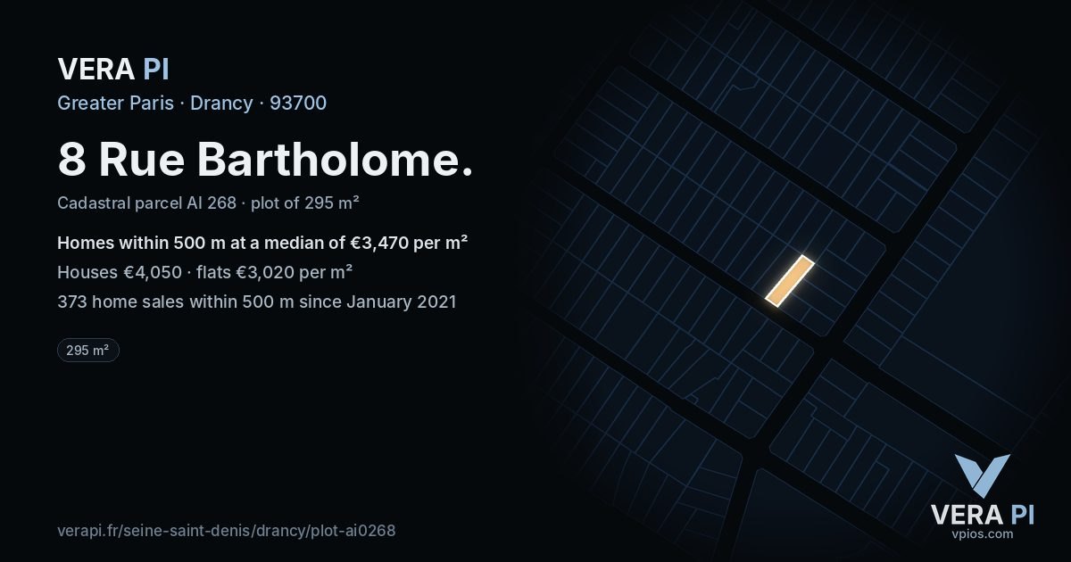8 Rue Bartholome, Drancy at night – the plot lit, the parcels around coloured by the prices near them