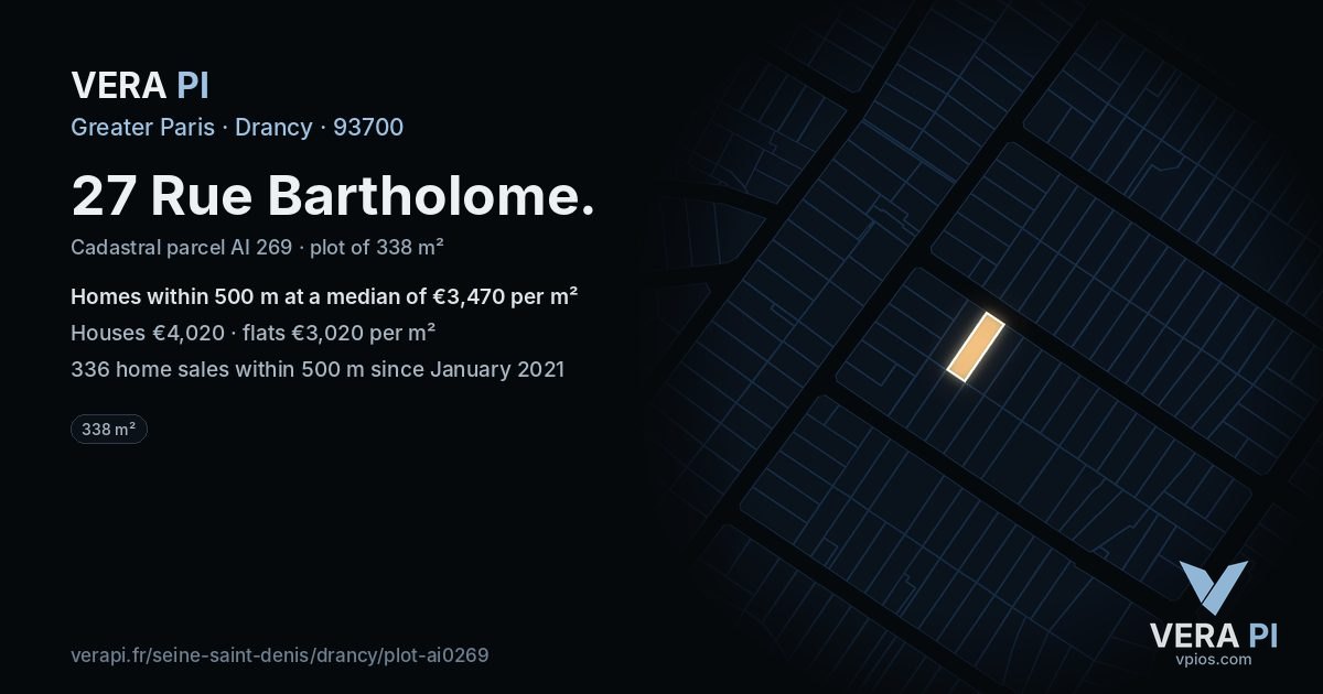 27 Rue Bartholome, Drancy at night – the plot lit, the parcels around coloured by the prices near them