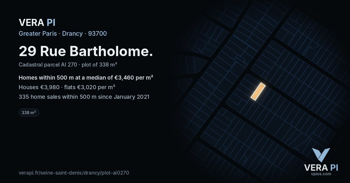 29 Rue Bartholome, Drancy at night – the plot lit, the parcels around coloured by the prices near them