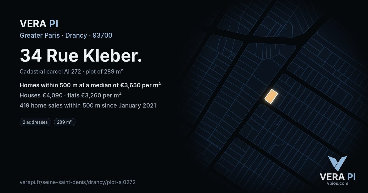 34 Rue Kleber, Drancy at night – the plot lit, the parcels around coloured by the prices near them