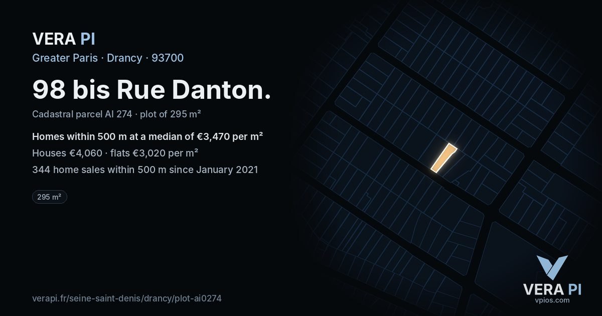 98 bis Rue Danton, Drancy at night – the plot lit, the parcels around coloured by the prices near them