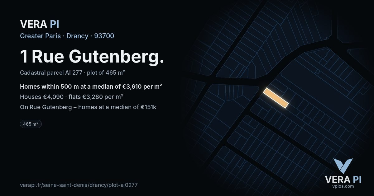 1 Rue Gutenberg, Drancy at night – the plot lit, the parcels around coloured by the prices near them