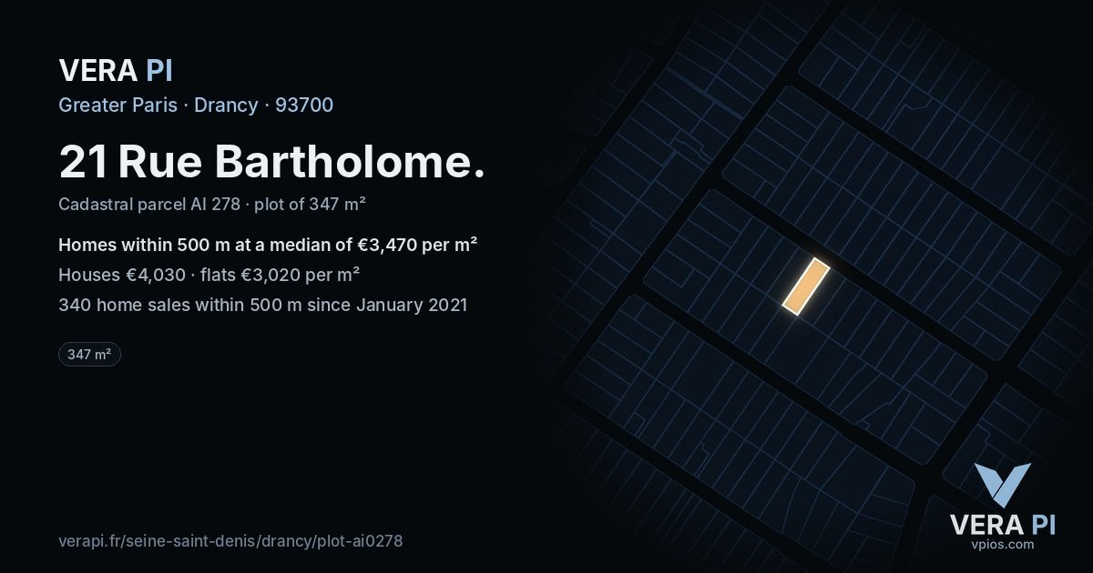 21 Rue Bartholome, Drancy at night – the plot lit, the parcels around coloured by the prices near them