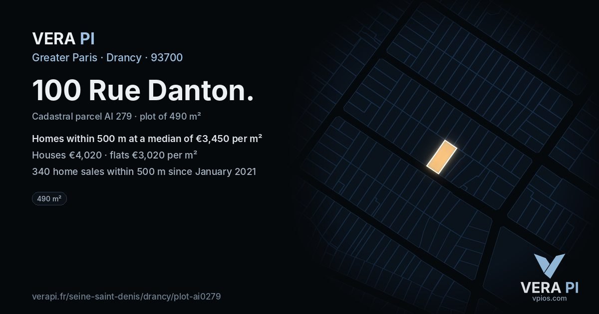 100 Rue Danton, Drancy at night – the plot lit, the parcels around coloured by the prices near them