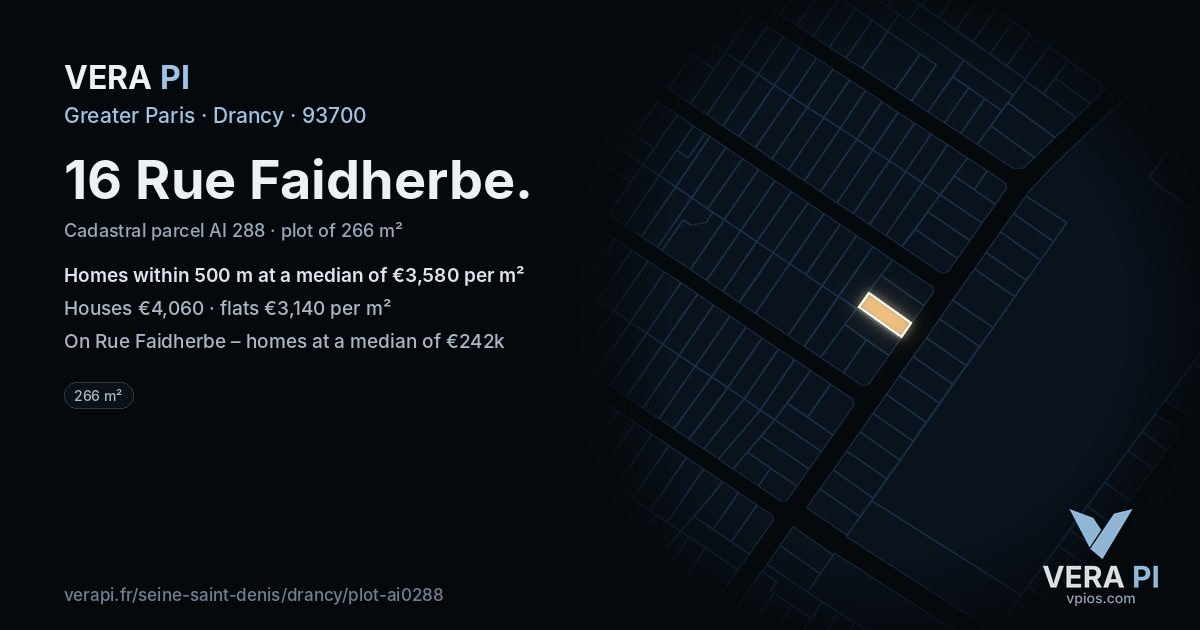 16 Rue Faidherbe, Drancy at night – the plot lit, the parcels around coloured by the prices near them
