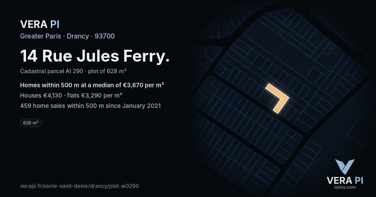 14 Rue Jules Ferry, Drancy at night – the plot lit, the parcels around coloured by the prices near them