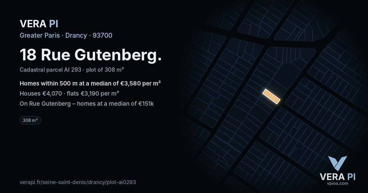 18 Rue Gutenberg, Drancy at night – the plot lit, the parcels around coloured by the prices near them