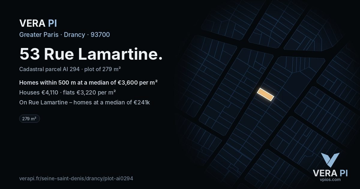 53 Rue Lamartine, Drancy at night – the plot lit, the parcels around coloured by the prices near them