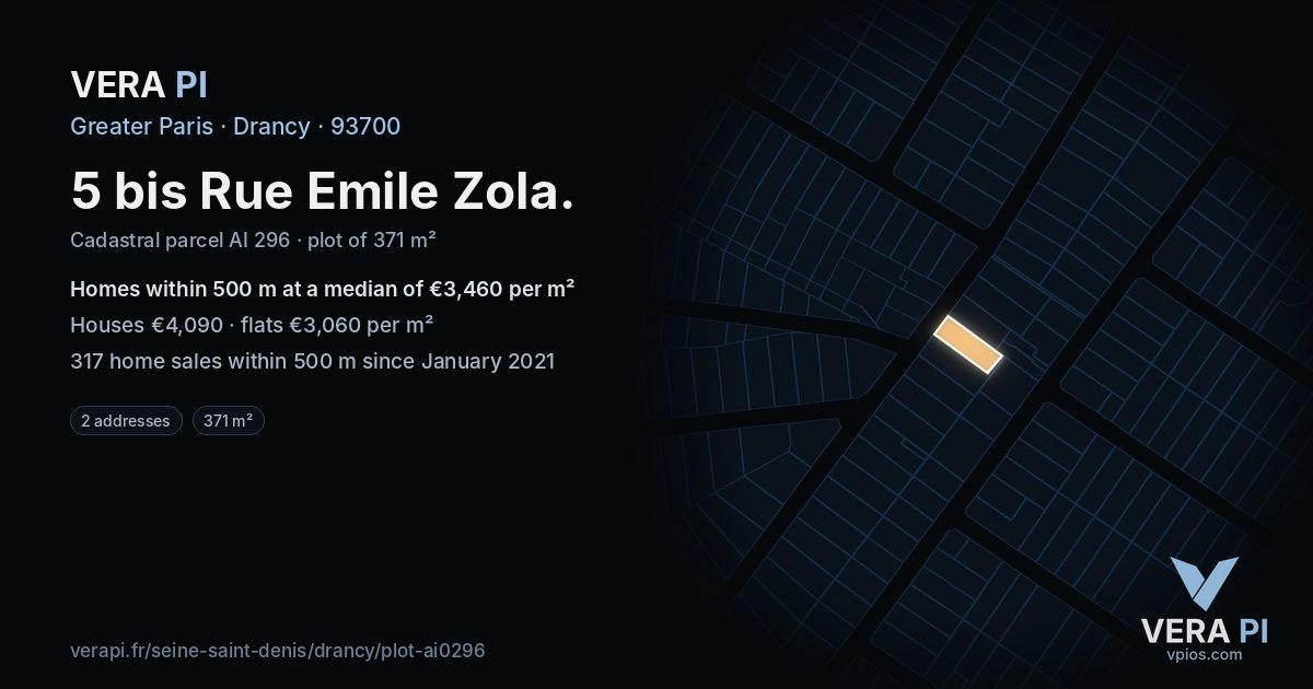 5 bis Rue Emile Zola, Drancy at night – the plot lit, the parcels around coloured by the prices near them