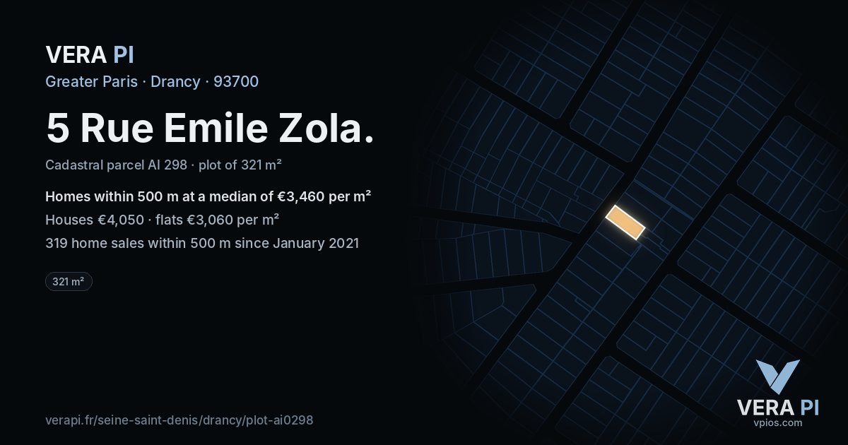 5 Rue Emile Zola, Drancy at night – the plot lit, the parcels around coloured by the prices near them