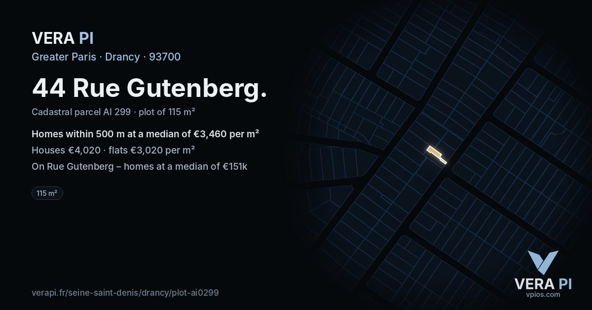 44 Rue Gutenberg, Drancy at night – the plot lit, the parcels around coloured by the prices near them