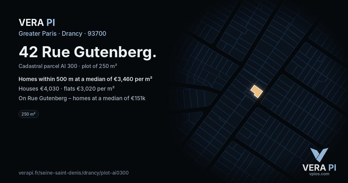 42 Rue Gutenberg, Drancy at night – the plot lit, the parcels around coloured by the prices near them