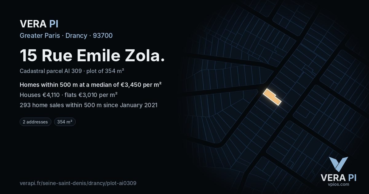 15 Rue Emile Zola, Drancy at night – the plot lit, the parcels around coloured by the prices near them