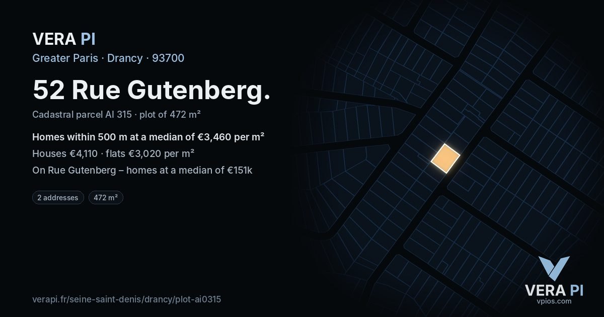 52 Rue Gutenberg, Drancy at night – the plot lit, the parcels around coloured by the prices near them