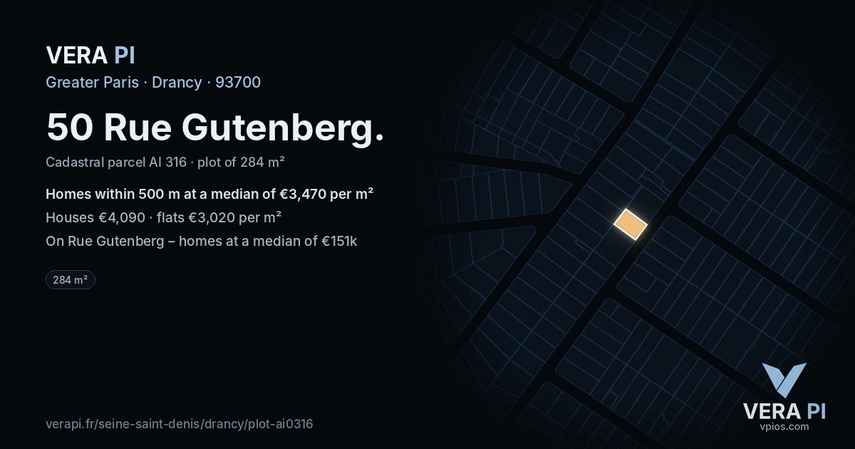 50 Rue Gutenberg, Drancy at night – the plot lit, the parcels around coloured by the prices near them