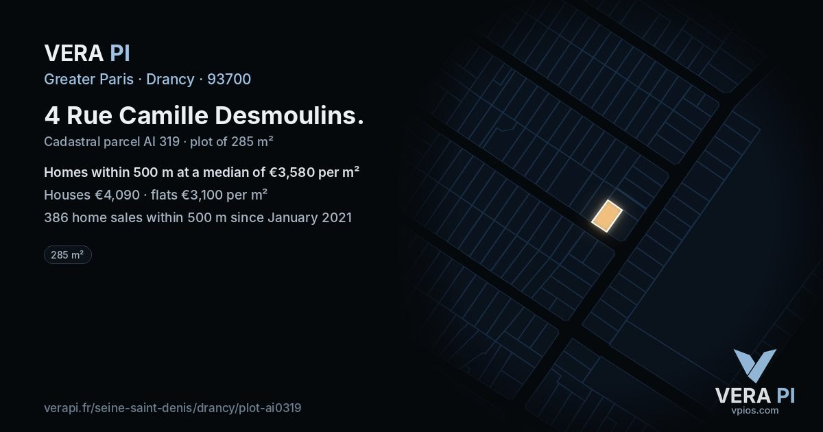 4 Rue Camille Desmoulins, Drancy at night – the plot lit, the parcels around coloured by the prices near them