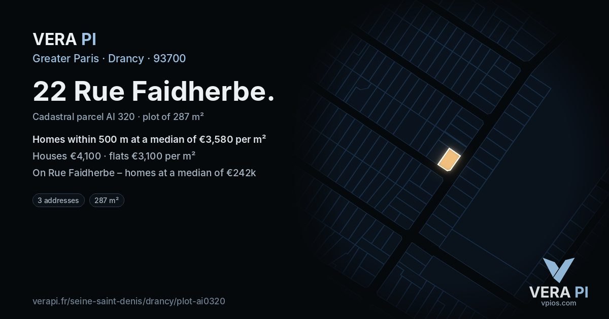 22 Rue Faidherbe, Drancy at night – the plot lit, the parcels around coloured by the prices near them
