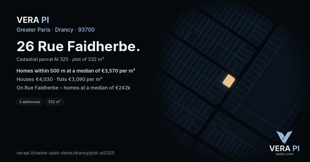 26 Rue Faidherbe, Drancy at night – the plot lit, the parcels around coloured by the prices near them