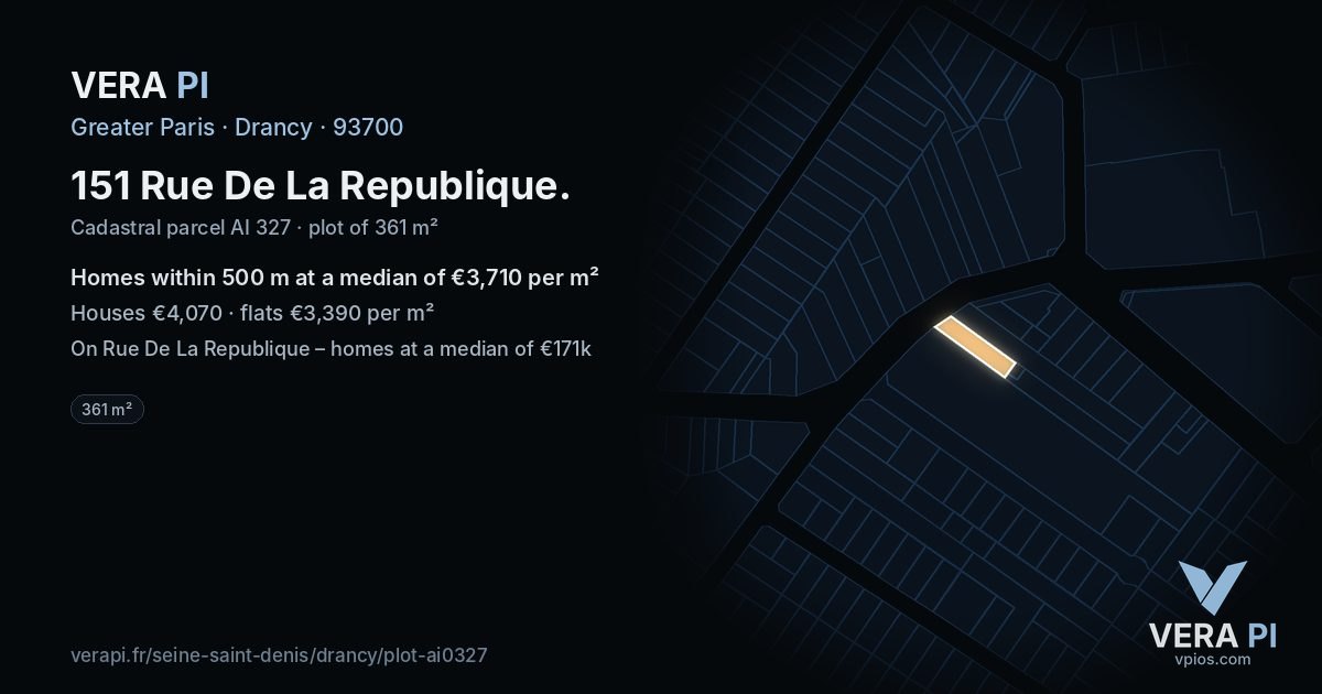 151 Rue De La Republique, Drancy at night – the plot lit, the parcels around coloured by the prices near them