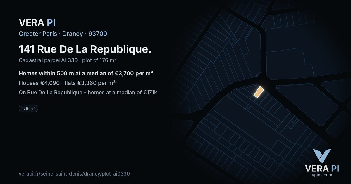 141 Rue De La Republique, Drancy at night – the plot lit, the parcels around coloured by the prices near them
