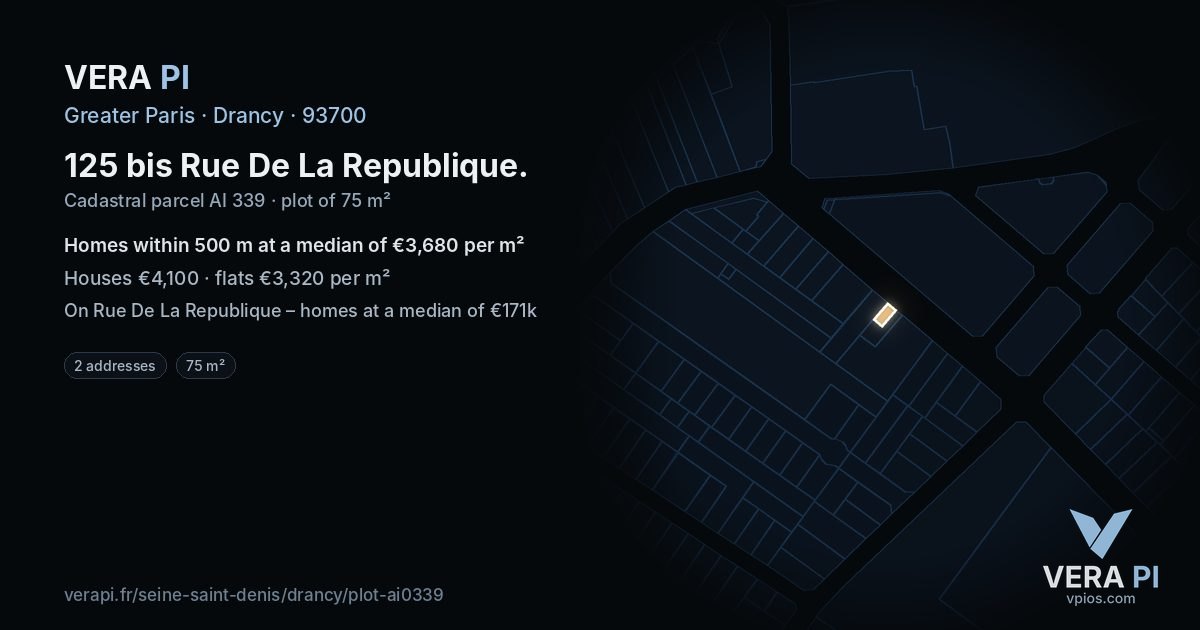 125 bis Rue De La Republique, Drancy at night – the plot lit, the parcels around coloured by the prices near them