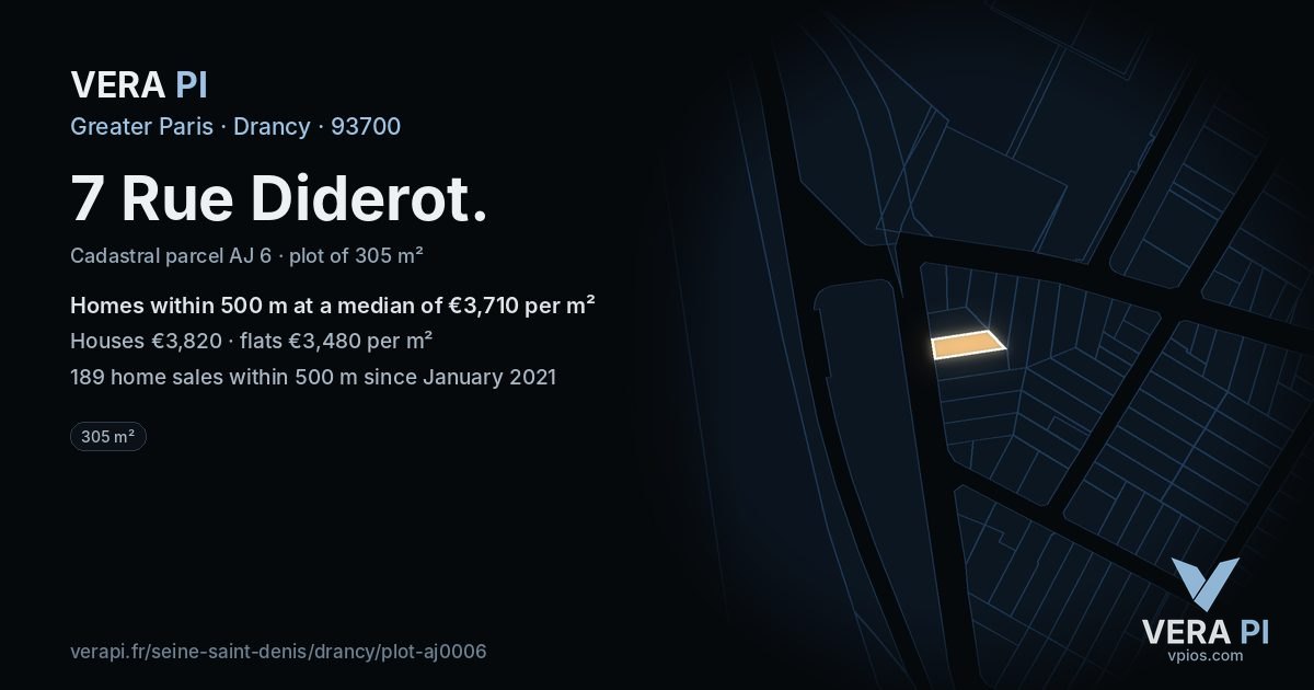 7 Rue Diderot, Drancy at night – the plot lit, the parcels around coloured by the prices near them