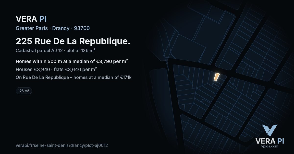 225 Rue De La Republique, Drancy at night – the plot lit, the parcels around coloured by the prices near them