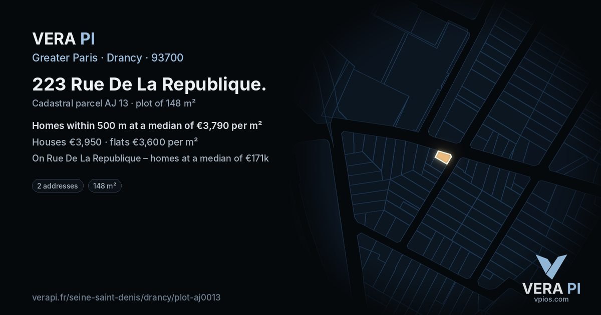 223 Rue De La Republique, Drancy at night – the plot lit, the parcels around coloured by the prices near them
