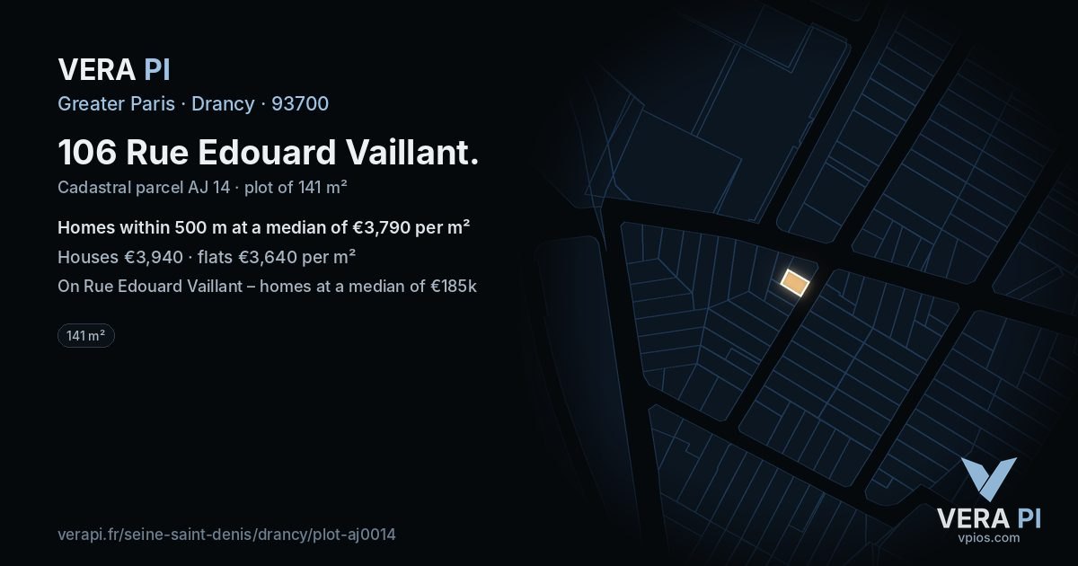 106 Rue Edouard Vaillant, Drancy at night – the plot lit, the parcels around coloured by the prices near them