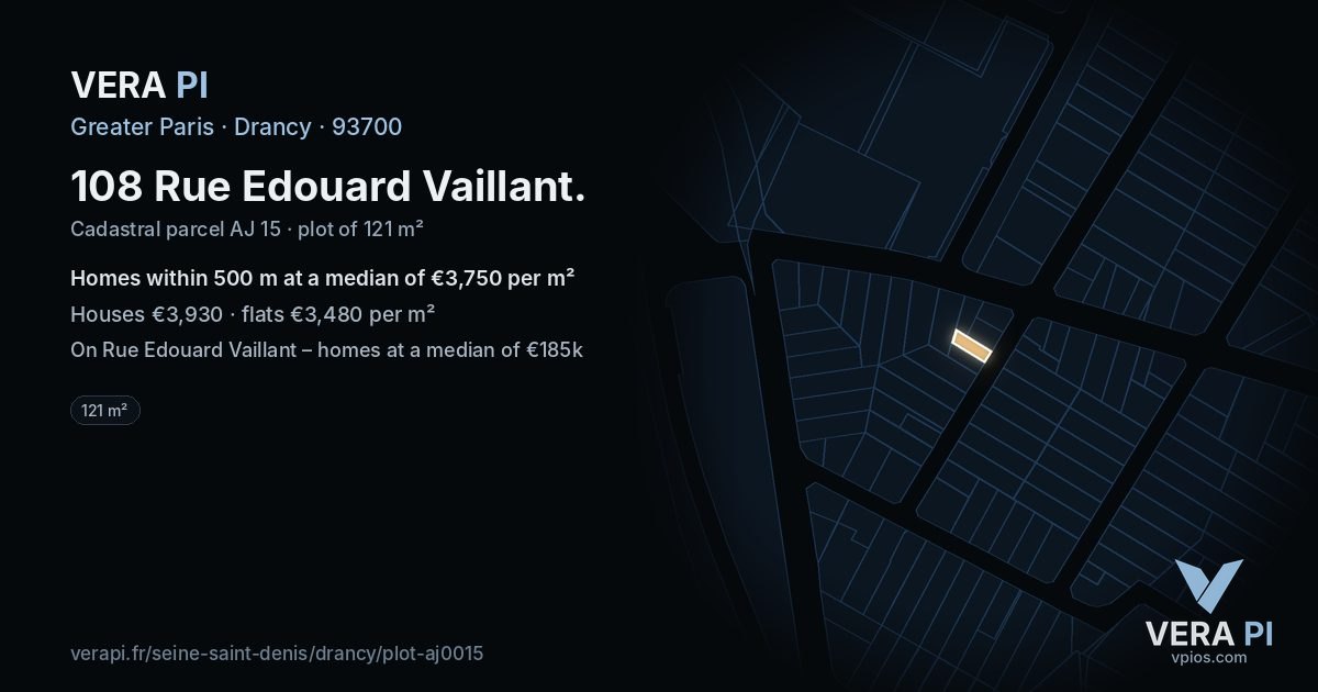 108 Rue Edouard Vaillant, Drancy at night – the plot lit, the parcels around coloured by the prices near them