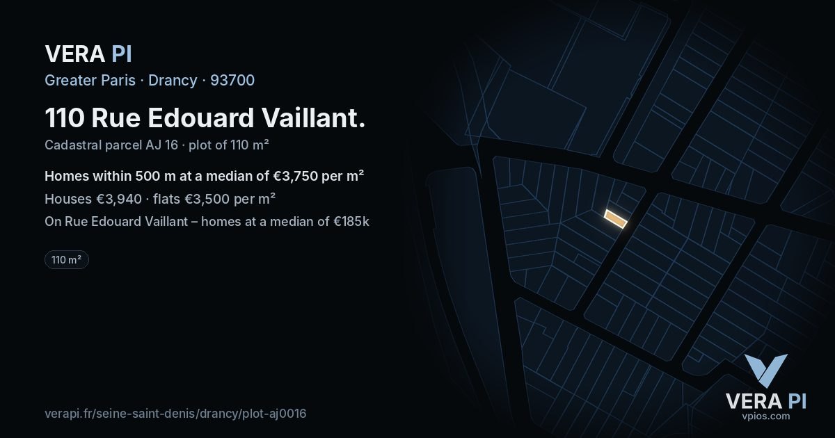 110 Rue Edouard Vaillant, Drancy at night – the plot lit, the parcels around coloured by the prices near them