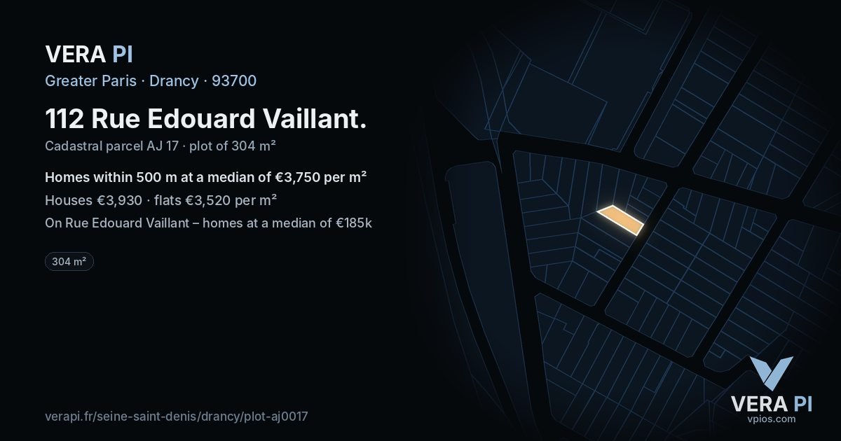 112 Rue Edouard Vaillant, Drancy at night – the plot lit, the parcels around coloured by the prices near them