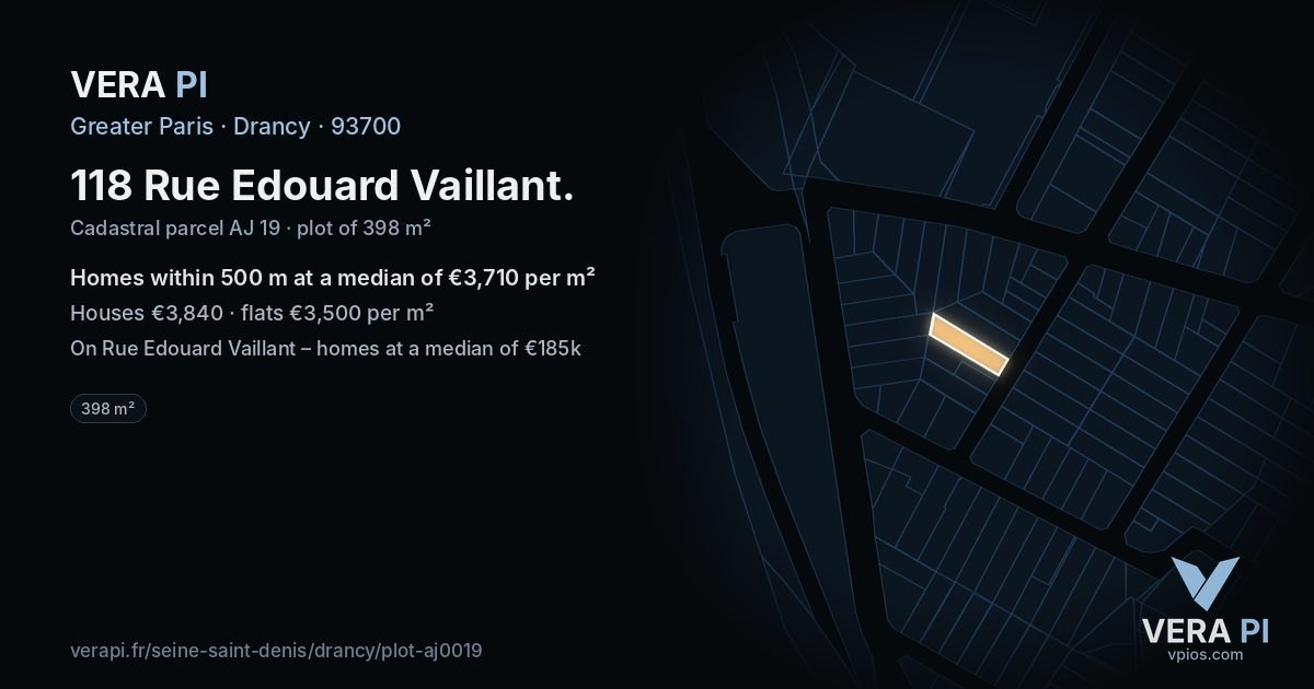 118 Rue Edouard Vaillant, Drancy at night – the plot lit, the parcels around coloured by the prices near them