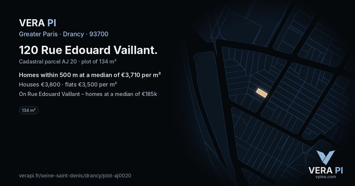120 Rue Edouard Vaillant, Drancy at night – the plot lit, the parcels around coloured by the prices near them