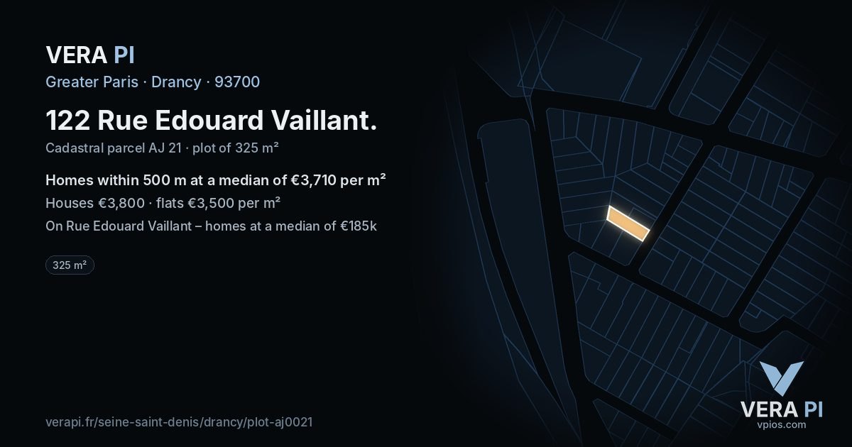 122 Rue Edouard Vaillant, Drancy at night – the plot lit, the parcels around coloured by the prices near them