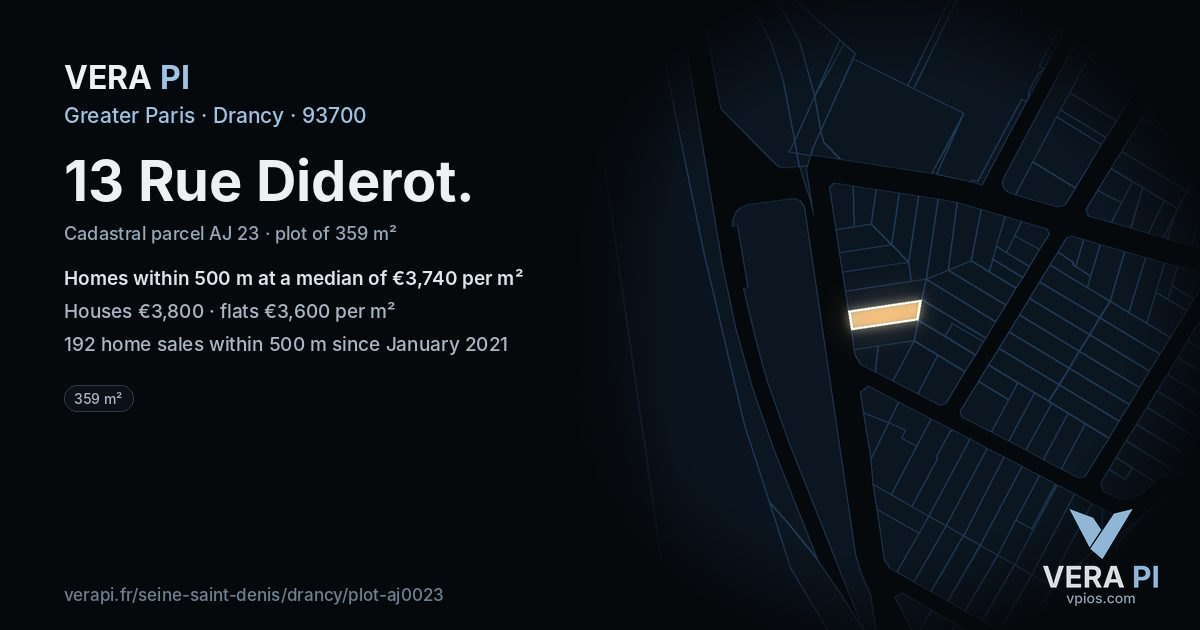 13 Rue Diderot, Drancy at night – the plot lit, the parcels around coloured by the prices near them