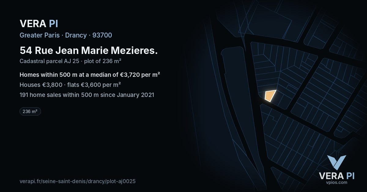 54 Rue Jean Marie Mezieres, Drancy at night – the plot lit, the parcels around coloured by the prices near them
