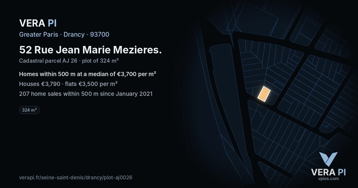 52 Rue Jean Marie Mezieres, Drancy at night – the plot lit, the parcels around coloured by the prices near them