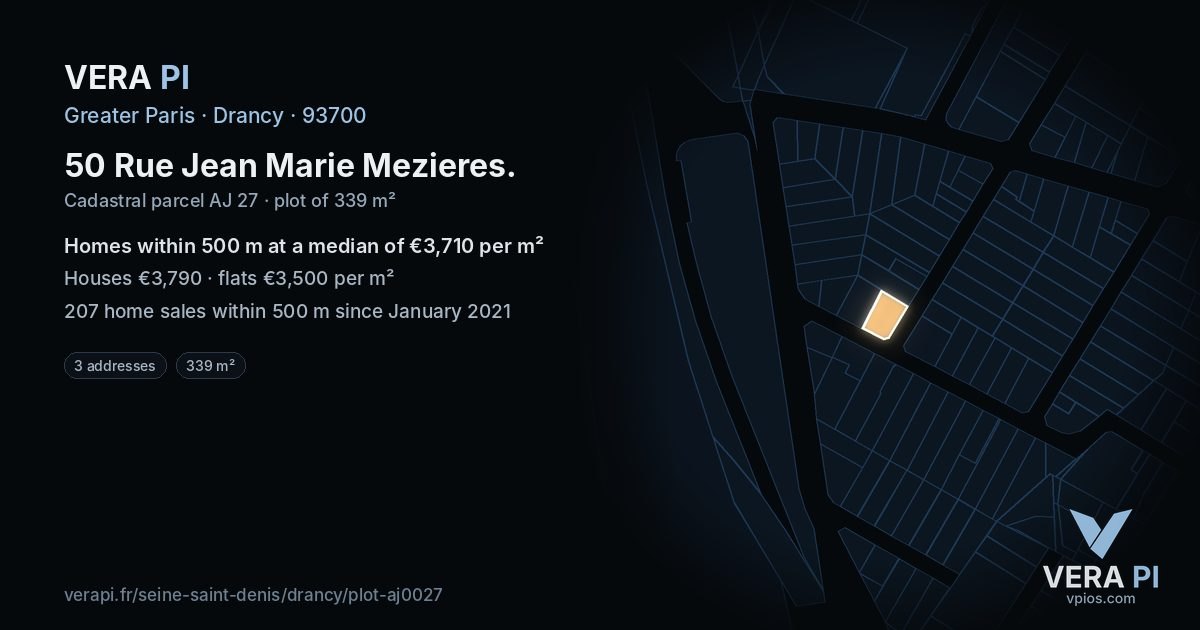 50 Rue Jean Marie Mezieres, Drancy at night – the plot lit, the parcels around coloured by the prices near them