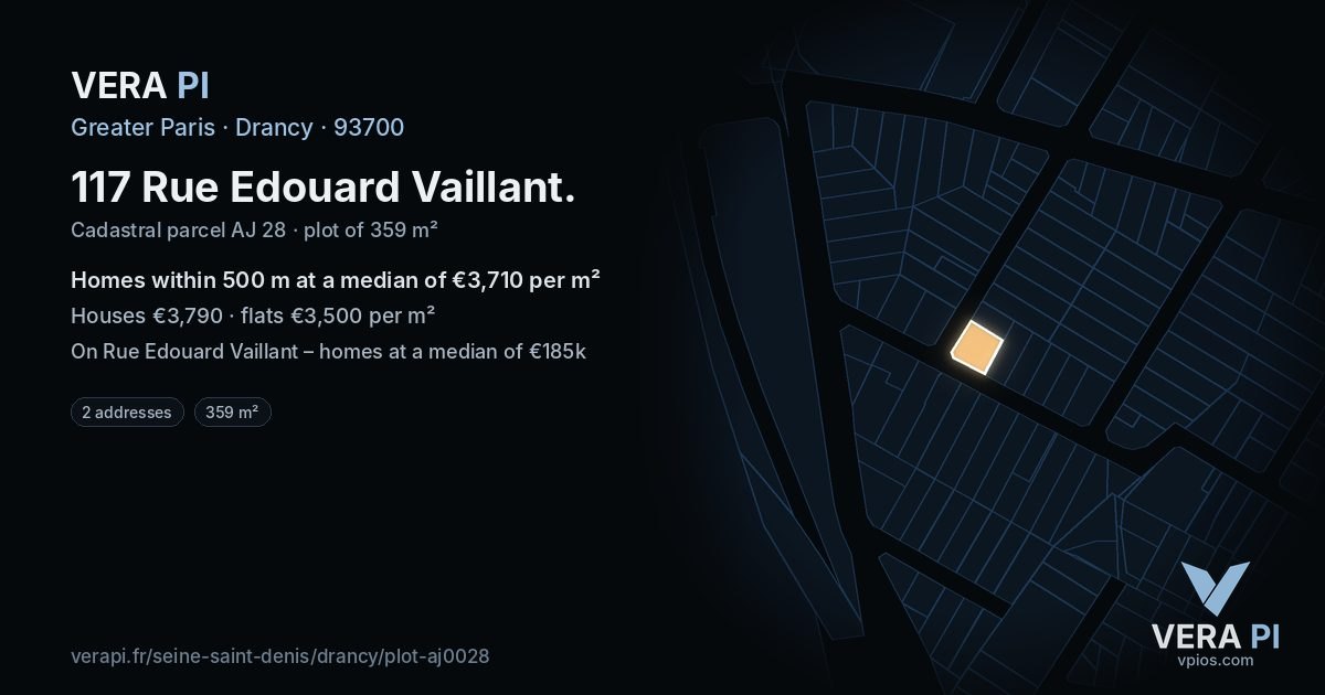 117 Rue Edouard Vaillant, Drancy at night – the plot lit, the parcels around coloured by the prices near them