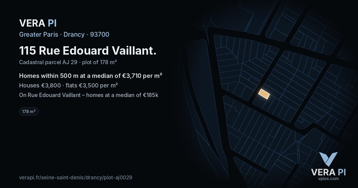 115 Rue Edouard Vaillant, Drancy at night – the plot lit, the parcels around coloured by the prices near them