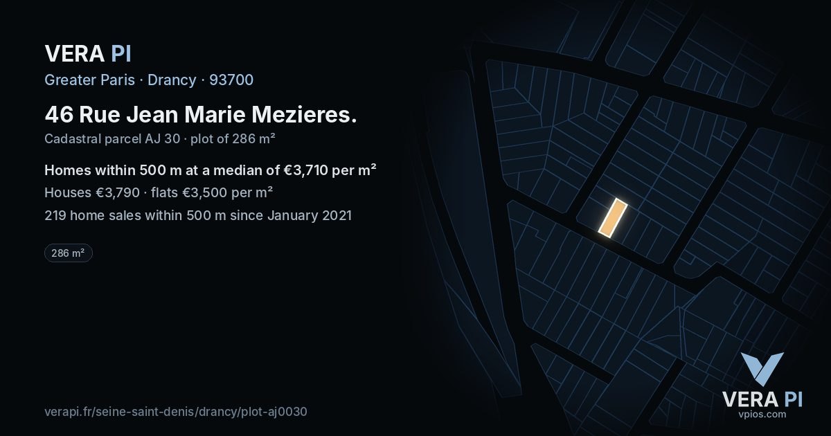 46 Rue Jean Marie Mezieres, Drancy at night – the plot lit, the parcels around coloured by the prices near them