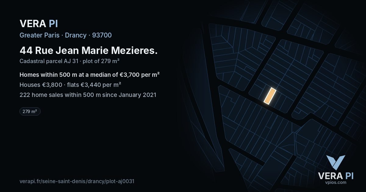 44 Rue Jean Marie Mezieres, Drancy at night – the plot lit, the parcels around coloured by the prices near them