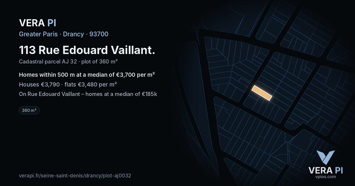 113 Rue Edouard Vaillant, Drancy at night – the plot lit, the parcels around coloured by the prices near them