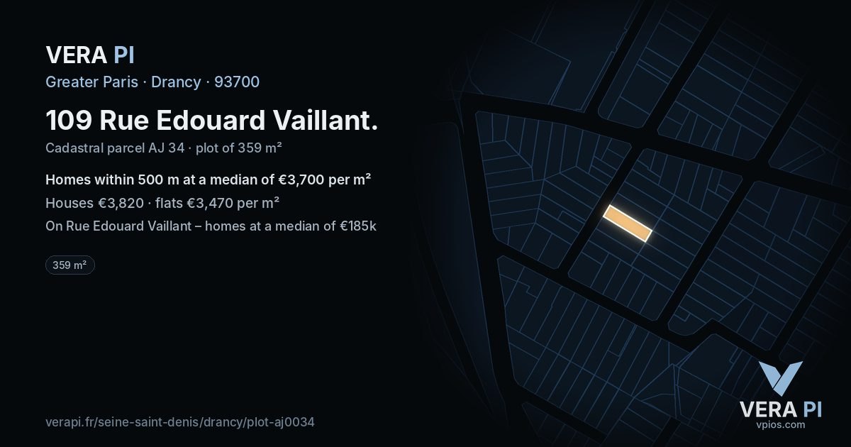 109 Rue Edouard Vaillant, Drancy at night – the plot lit, the parcels around coloured by the prices near them